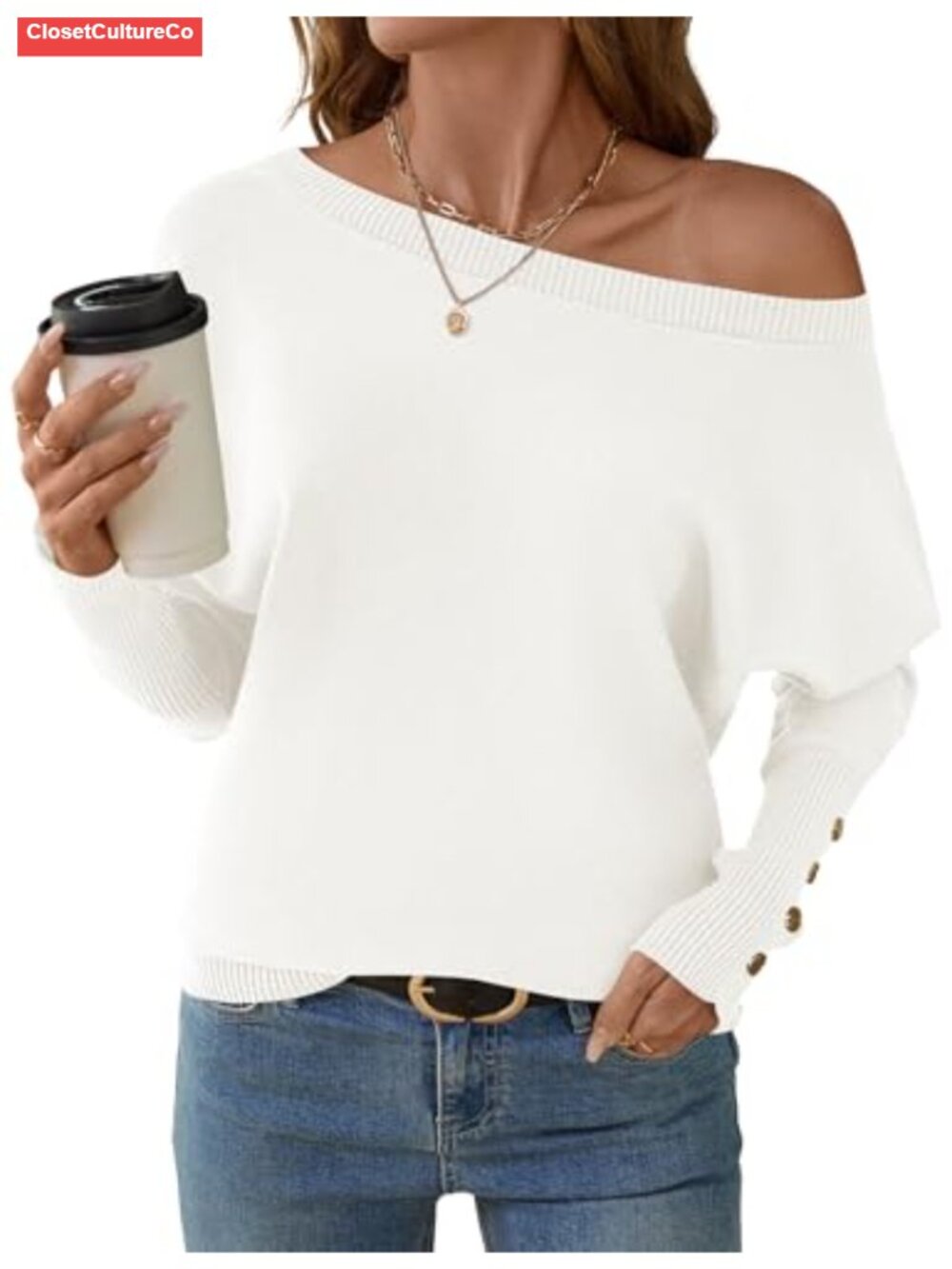 Off Shoulder Oversized Knit Pullover Sweater Batwing Sleeve